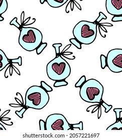 Seamless pattern of a blue bottle with a pink heart and a bow. Hand-drawn pattern of a love potion bottle with a bow and a red heart, chaotically on a white background for a design template, greeting 