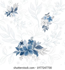 Seamless pattern with blue bouquet flower watercolor style