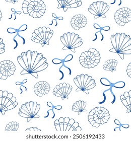 Seamless pattern with a blue bow and blue shells on a white background