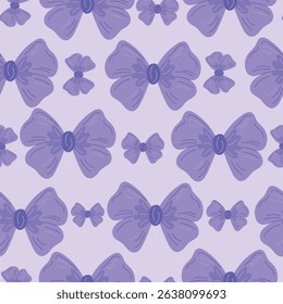 Seamless pattern of  blue  bows. Gift ribbons on checkered background. Coquette core cute trendy design. Design for wrapping paper, packaging, fabric, textile, home decor, gifts
