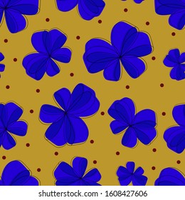Seamless pattern of blue bows on a mustard background. Vector. Suitable for gift paper, fabric