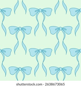 Seamless pattern with blue bows on pastel green background. Vintage ribbons wallpaper with repeat design.