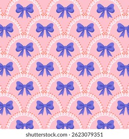 Seamless pattern with blue bows - ribbons on a pink background made of cells. Vector.