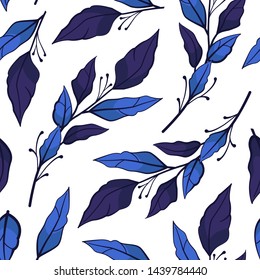 Seamless pattern with blue branches with leaves. Isolated on white. Design for fabrics, wallpapers, textiles, web design.