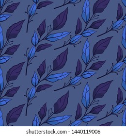 Seamless pattern with blue branches with leaves on dark blue background. Design for fabrics, wallpapers, textiles, web design.