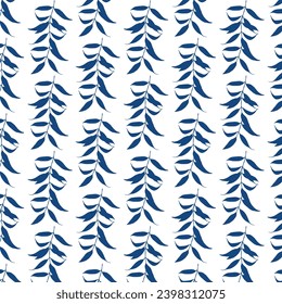 seamless pattern of blue branches with leaves on a white background