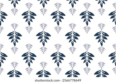 Seamless pattern with blue branches and leaves on a white background. Ikat seamless pattern, geometric design, motif ethnic handmade, Ikat ethnic tribal, boho colors seamless wallpaper.