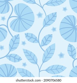 Seamless pattern with blue branches on a solid background. Different plants in the winter style, interleaved with each other.	
