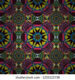 Seamless pattern in blue, brown and magenta colors. Vector abstract home decorative ornament, containing from geometric figures and mandalas.