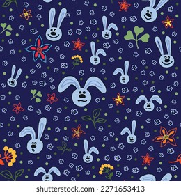 Seamless pattern with blue bunnies and small flowers. Vector file for designs.