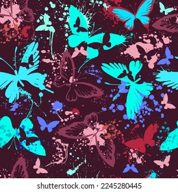 Seamless pattern blue and burgundy butterflies. Vector illustration