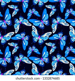 Seamless pattern with blue butterflies design. Vector butterfly background. 