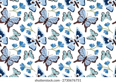 Patrón sin fisuras con mariposas azules y flores azules. Mariposa de verano. Ilustración de insecto de primavera. Hermosas polillas tropicales de verano dibujadas a mano. Estilo plano.