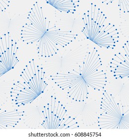 Seamless pattern with blue butterflies made of connected lines and dots.