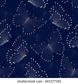 Seamless pattern with blue butterflies made of connected lines and dots.