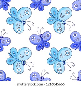 seamless pattern with blue butterflies on a white background.vector illustration on the theme of summer.Can be used in greeting cards,textiles and paper.