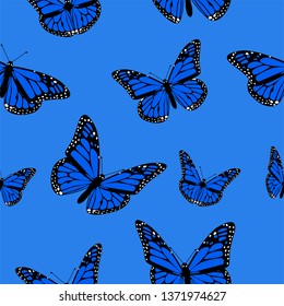 Seamless pattern of blue butterflies on a blue background vector image
