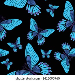 Seamless Pattern Blue Butterflies on Black, Morpho Butterflies Background Repeat Pattern for Textile Design, Fabric Printing, Fashion, Wallpaper or Background