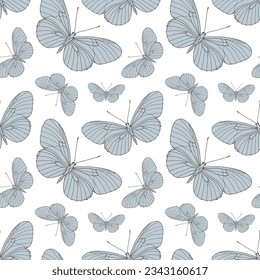 Seamless pattern with blue butterflies on a white background. Pattern for children's and women's textiles, covers, backgrounds, wallpapers and cards