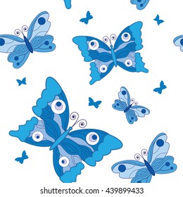 Seamless pattern with blue butterflies on white. Vector.
