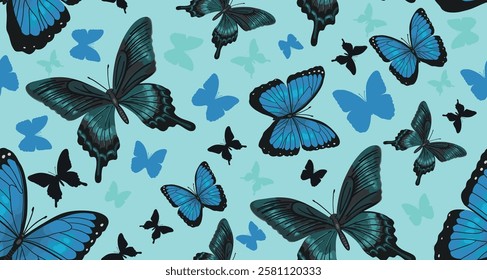 Seamless pattern of blue Butterfly pattern. Realistic blue Butterfly swallowtail on blue background. Vector.