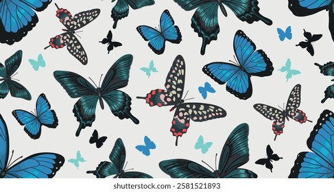 Seamless pattern of blue Butterfly pattern. Realistic blue Butterfly swallowtail on beige background. Vector.