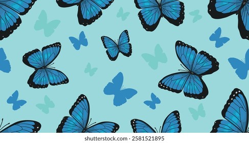 Seamless pattern of blue Butterfly pattern. Realistic blue Butterfly swallowtail on blue background. Vector.
