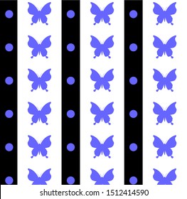 seamless pattern with blue butterfly silhouette on a white and black background, vector illustration