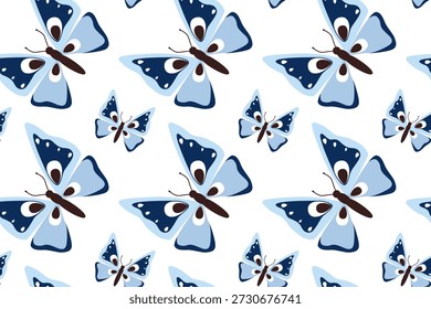 Patrón sin fisuras con una mariposa azul con alas extendidas en vuelo. Mariposa de verano. Insecto de primavera dibujado a mano. Hermosas polillas tropicales de verano. Estilo plano.