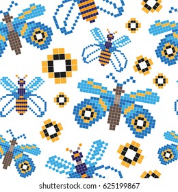 Seamless pattern with blue butterfly and yellow flower. Pixel art. Vector illustration