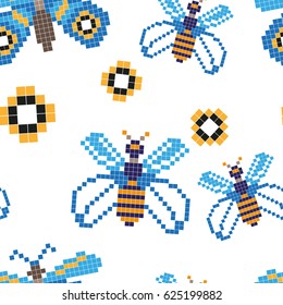Seamless pattern with blue butterfly and yellow flower. Pixel art. Vector illustration