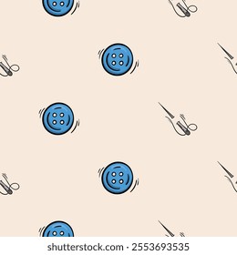 Seamless pattern with blue buttons and needle. Vector background associated with handmade, needlework. Design for decorations, wrapping paper, print