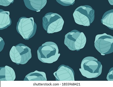 Seamless pattern of blue cabbage on deep blue background. Hand-drawn cabbage set. Trendy vegan food background for textile, fabric, paper. Suitable for illustrating healthy eating, local farm.