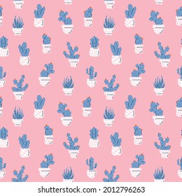 Seamless pattern with blue cactus and succulents on pink background. Vector print with cactuses succulents in minimalistic geometric scandinavian style. Cute vector tile template