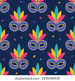 Seamless pattern with blue carnival masks with feathers on blue background. Masquerade accessory. Masque for Brazil or Venetian carnival. Vector flat illustration for wallpaper, textile, packaging