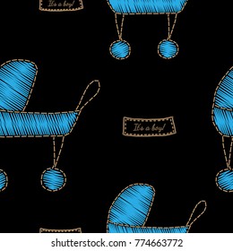 Seamless pattern with blue carriage embroidery stitches imitation on the black background. Fashion shower party boy embroidery.