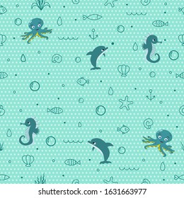 Seamless Pattern Blue cartoon dolphin, seahorse, octopus with elements, bubbles on a blue background. Vector illustration. Sea animals are drawn in the vector. Vector stock illustration.