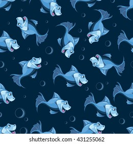 Seamless pattern with blue cartoon fish in the sea. Picture with fish isolate on dark background