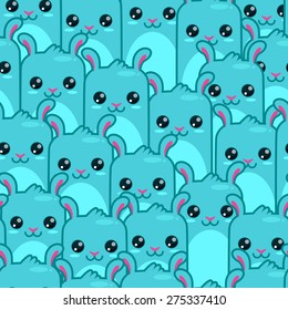 Seamless pattern with blue cartoon rabbits, vector illustration
