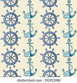 Seamless pattern of blue cartoon sea anchors and wheels