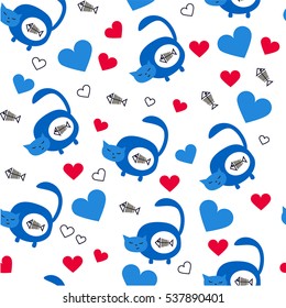 seamless pattern with blue cat and heart