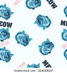 Seamless pattern with blue cat, witch familiar. With inscriptions. Children's wallpaper. Vector illustration.