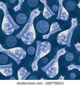 Seamless pattern of blue cats with circles. Suitable for fabrics, wrapping paper, pet stores.