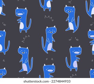 Seamless pattern with blue cats monsters in doodle style. Vector drawing. 