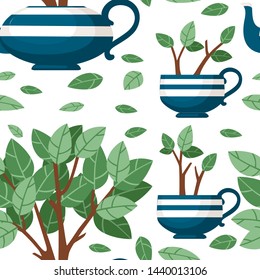 Seamless pattern blue ceramic teapot and two cup with tea bush growing out of it flat vector illustration on white background