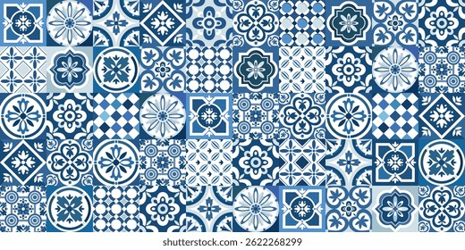 Seamless pattern blue ceramic tiles in Mediterranean style. A large set of glazed tiles with stylized Italian painting. For textiles, covers, paper and more. Illustrated clipart. Hand draw no ai.