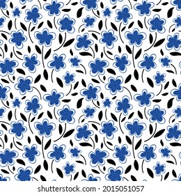  Seamless pattern of Blue chamomile flowers on a white background.Spring pattern. Vector flat illustration