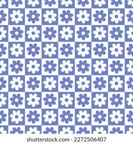 Seamless pattern with blue checkerboard and daisies