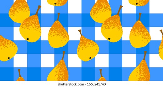 seamless pattern with a blue checkered tablecloth with pears. Modern abstract design for paper, cover, fabric, interior decor