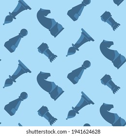 Seamless pattern with blue chess pieces. Texture with chess elements in flat style.